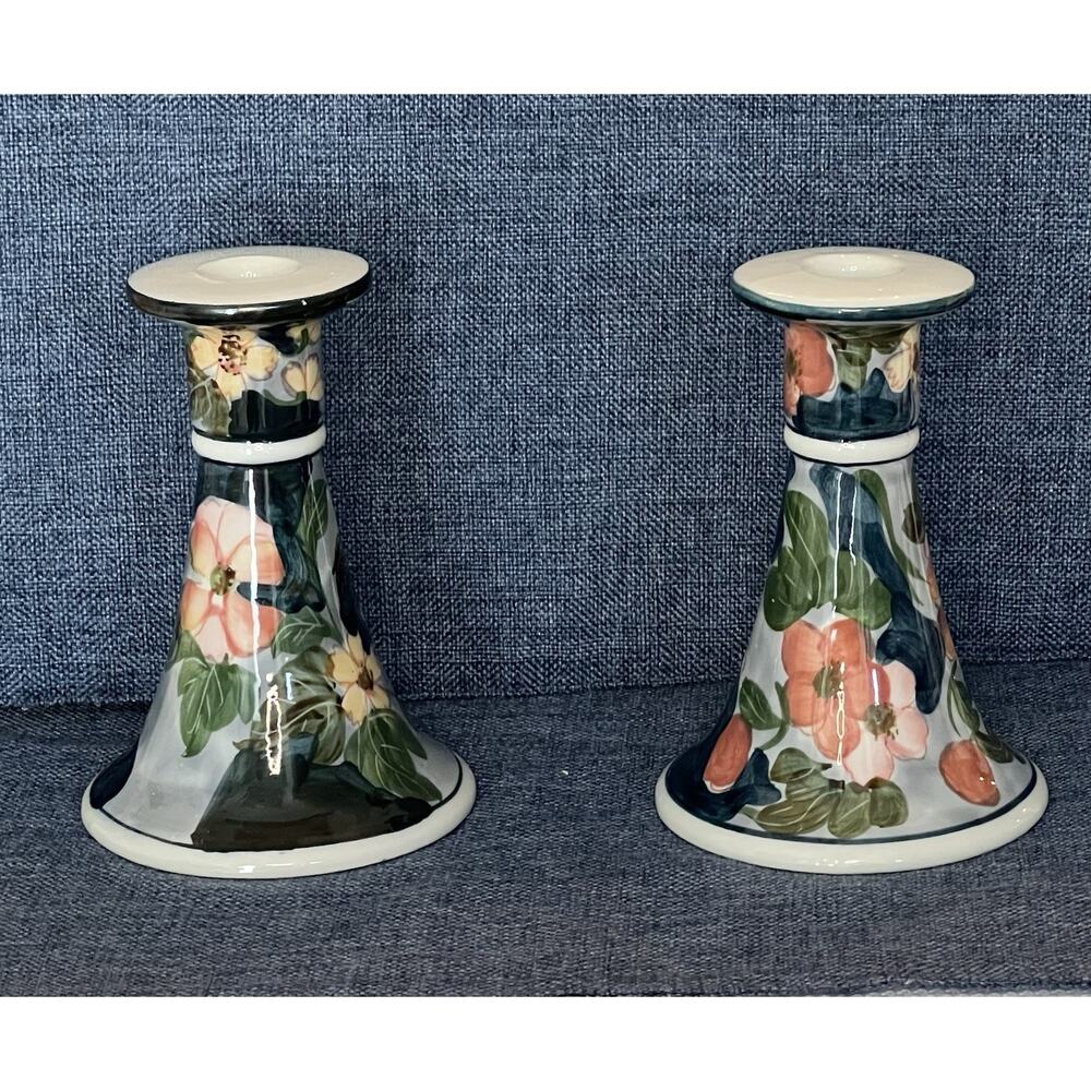 Blue Floral Ceramic Candlesticks Set Of 2 Beautifully Hand Painted In Thailand